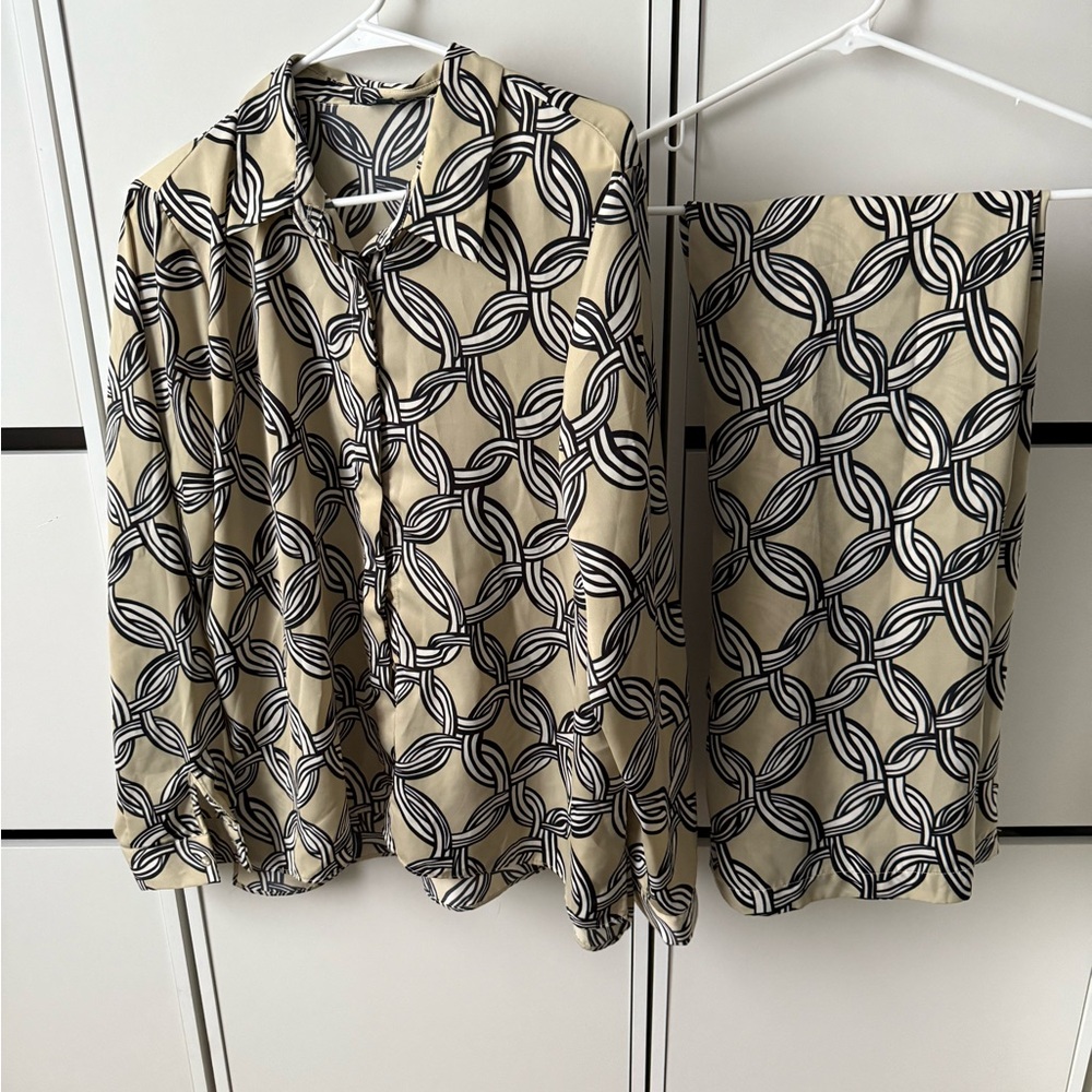 Patterned Black and Cream Pantsuit